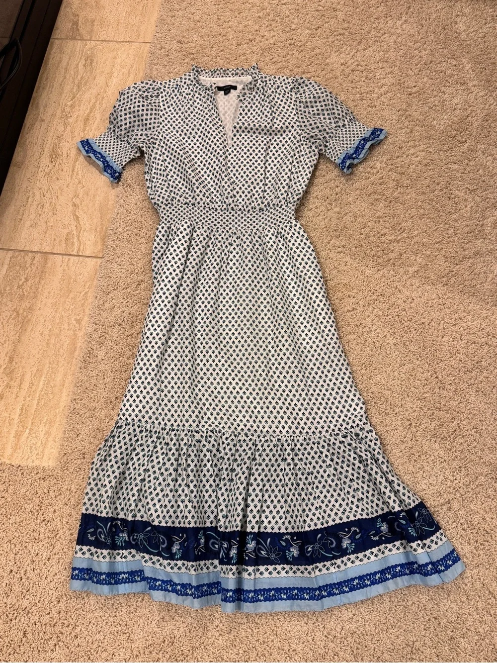 J. Crew Ferris Cotton Midi Dress- White/ Blue Printed with Border Hem- NWOT